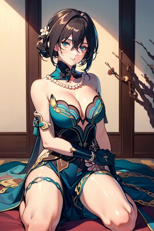<lora:ruan_mei-10:0.8>,((extremely realistic shading, masterpiece, extremely detailed, photorealistic)),Black hair,bright blue eyes,pearl necklace,necklaces,blue Chinese clothing,blue gloves,blue high heels,kneeling,