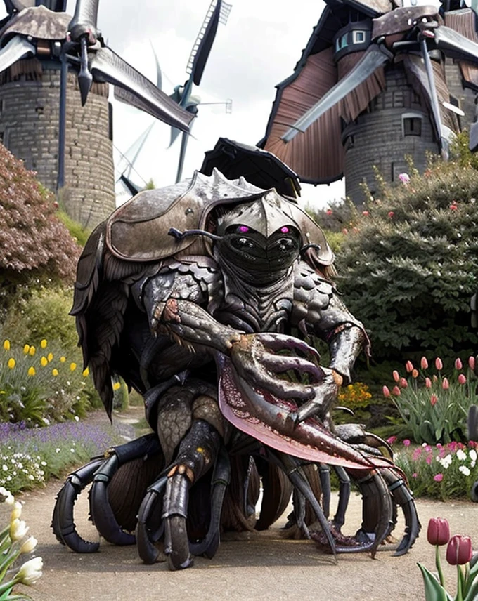 garthim, giant bug, large shell, crab legs, claws, full body, at McDonalds, in a dutch countryside with tulips and windmills <lora:Garthim_Dark_Crystal:1>