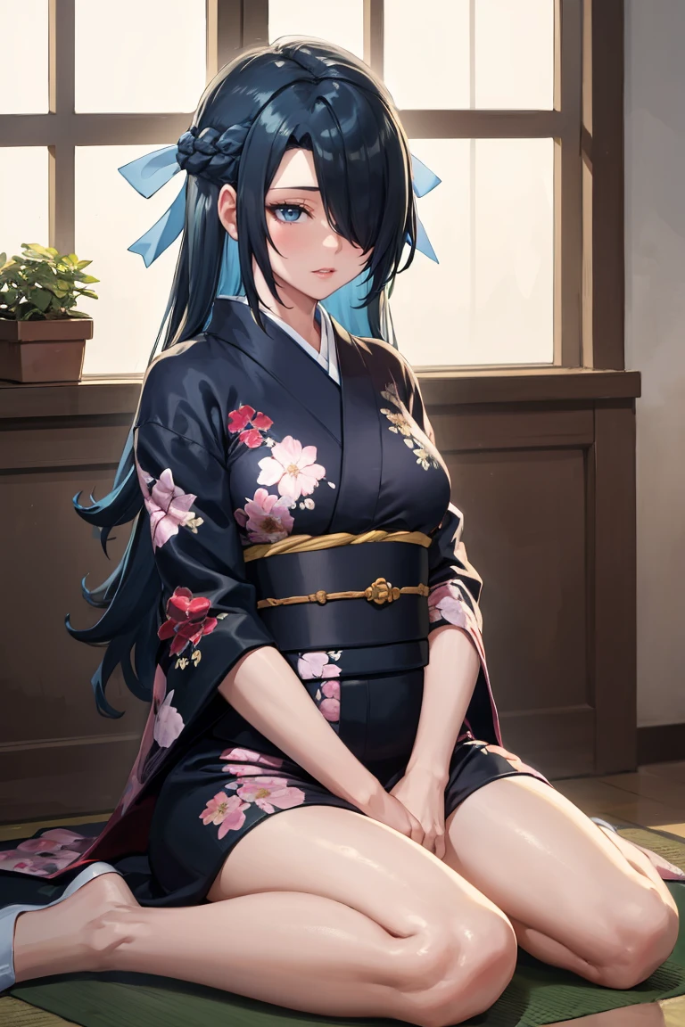 masterpiece, best quality, absurdres, AzumaFubuki, long hair, hair over one eye, hair ribbon, indoors, kimono, hair flower, floral print, wariza, sitting, hands on own knees, <lora:CHAR-AzumaFubuki:1>