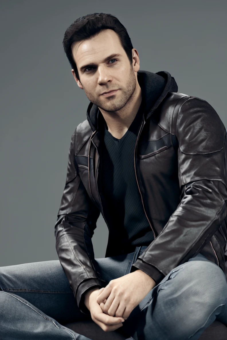 (RAW photo), <lora:GavinReed - Ace:0.7>, gavinreed, jacket, black shirt, jeans, gray background, sitting, 1boy, solo