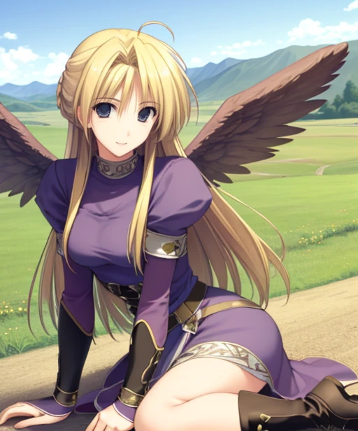 portrait, (adult woman), (1girl, solo), smile, (blonde hair), ((field, rolling hills)), (distant mountains), ((best quality, high detail)), ((masterpiece)), <lora:nina-nvwls-v1:0.8> bofNina, (purple wings), blue dress, bridal gauntlets, knee boots, <lora:1_takepon:1>