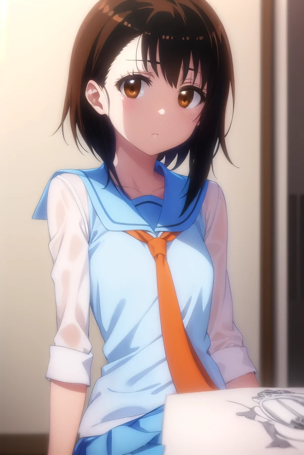 kosakionodera, <lora:kosaki onodera s2-lora-nochekaiser:1>,
kosaki onodera, short hair, bangs, brown hair, (brown eyes:1.3), short hair with long locks, asymmetrical hair,
BREAK skirt, shirt, thighhighs, school uniform, collarbone, white shirt, pleated skirt, necktie, serafuku, sailor collar, blue skirt, blue sailor collar, (orange necktie:1.2),
BREAK indoors, classroom,
BREAK looking at viewer, (cowboy shot:1.5),
BREAK <lyco:GoodHands-beta2:1>, (masterpiece:1.2), best quality, high resolution, unity 8k wallpaper, (illustration:0.8), (beautiful detailed eyes:1.6), extremely detailed face, perfect lighting, extremely detailed CG, (perfect hands, perfect anatomy),