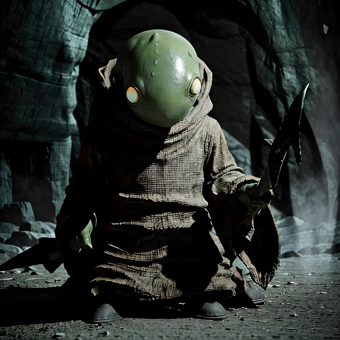 masterpiece eerie fantasy photo of tonberry,showcasing deadly dagger knife in a cave,<lora:tonberryv4:0.67>,eerie shadows,stalactites,solo,dim,front lit,Stalagmite,