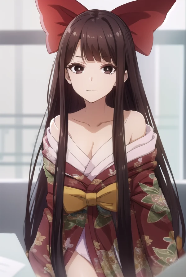 nenesaikyou, <lora:nene saikyou s1-lora-nochekaiser:1>,
nene saikyou, long hair, bangs, black hair, (brown eyes:1.5), bow, hair bow, blunt bangs, hime cut, red bow, smile,
BREAK bare shoulders, collarbone, japanese clothes, kimono, off shoulder,
BREAK indoors, classroom,
BREAK looking at viewer, (cowboy shot:1.5),
BREAK <lyco:GoodHands-beta2:1>, (masterpiece:1.2), best quality, high resolution, unity 8k wallpaper, (illustration:0.8), (beautiful detailed eyes:1.6), extremely detailed face, perfect lighting, extremely detailed CG, (perfect hands, perfect anatomy),