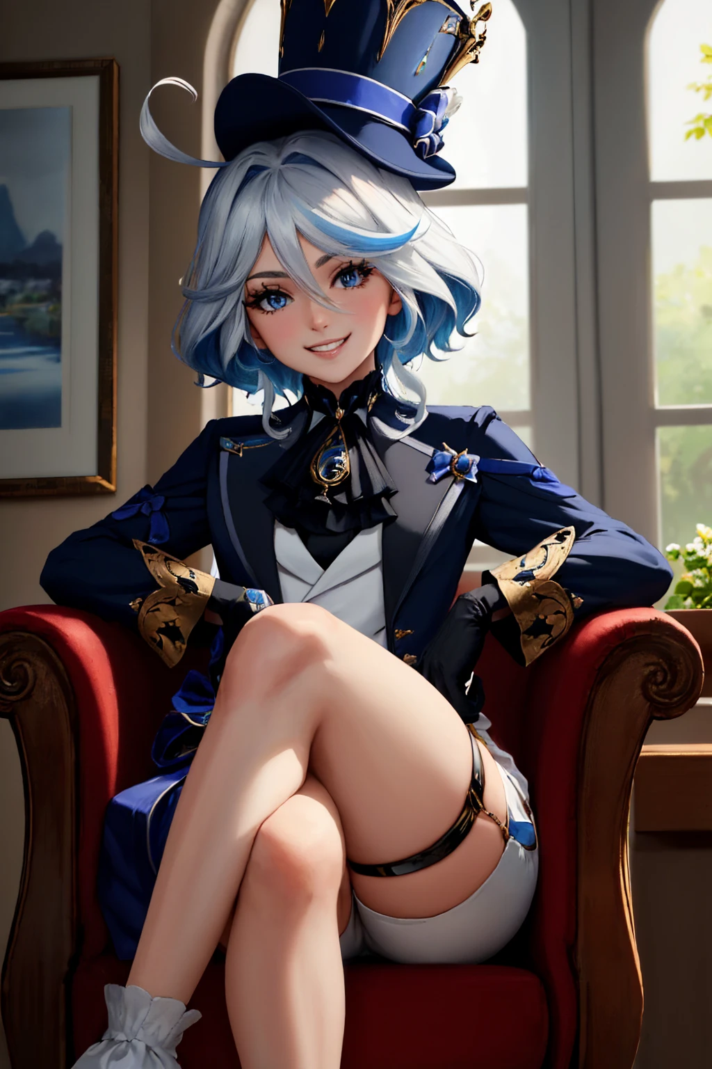 (masterpiece, best quality:1.1), solo, 1girl, furinadef, grin, looking at viewer, sitting, crossed legs, chair, ahoge, blue headwear, top hat, v-shaped eyebrows, jacket, ascot, brooch, long sleeves, black gloves, white gloves, white shorts, thigh strap <lora:genshinimpact_furina-17:1>