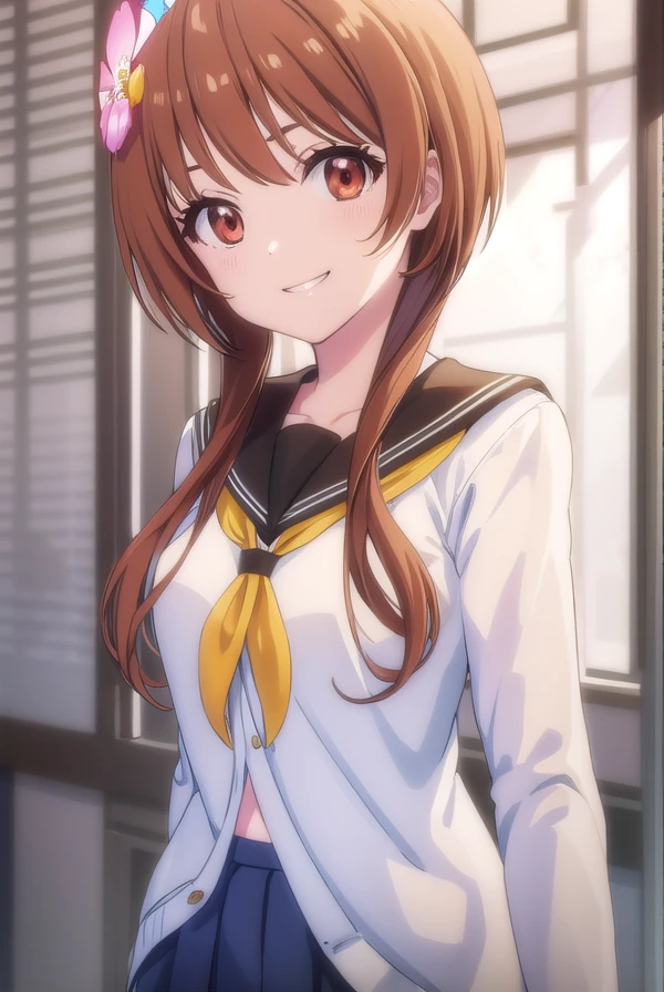 marikatachibana, <lora:marika tachibana s2-lora-nochekaiser:1>,
marika tachibana, long hair, brown hair, hair ornament, (brown eyes:1.5), flower, sidelocks, hair flower, short hair with long locks, smile, grin,
BREAK skirt, long sleeves, school uniform, serafuku, black skirt,
BREAK indoors, classroom,
BREAK looking at viewer, (cowboy shot:1.5),
BREAK <lyco:GoodHands-beta2:1>, (masterpiece:1.2), best quality, high resolution, unity 8k wallpaper, (illustration:0.8), (beautiful detailed eyes:1.6), extremely detailed face, perfect lighting, extremely detailed CG, (perfect hands, perfect anatomy),