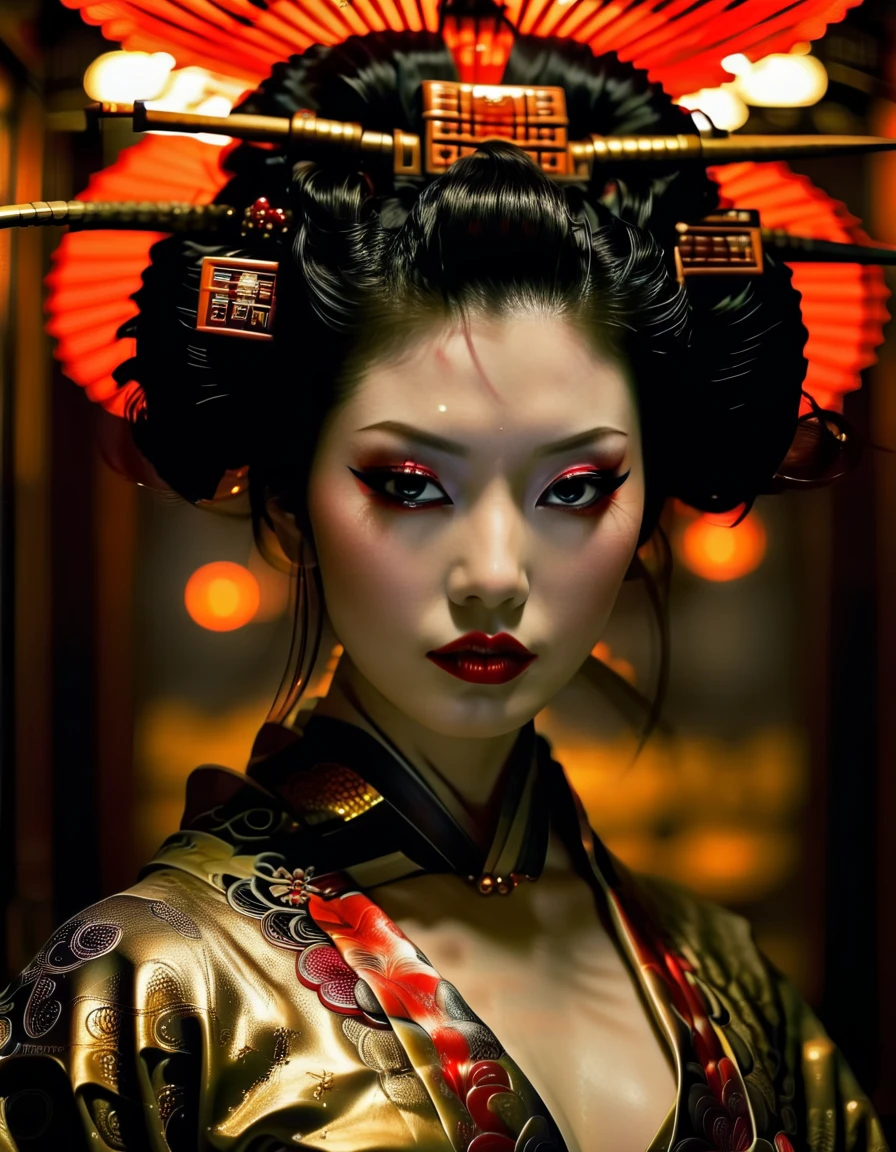 cinematic photo choker, realistic, fflix-geisha, upper body, artist name, lipstick, hair stick, signature, black eyes, hair ornament, red lips, black hair, 1girl, makeup, kimono, japanese clothes, looking at viewer, detailed, futuristic, stunning, attractive, intricate, highly decorated, elegant, luxury, elite, dramatic light
<lora:GeishaXL:1>, , <lora:FILM_PHOTOGRAPHY_STYLE:0.25> . 35mm photograph, film, bokeh, professional, 4k, highly detailed