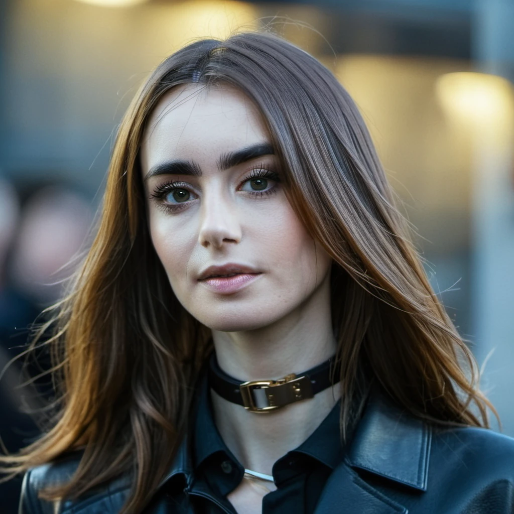 Super high res portrait photo of a woman with long straight hair,a belt choker around her neck , f /2.8, Canon, 85mm,cinematic, high quality, skin texture, looking at the camera, <lora:licollins2_xl_2_standard-000094:1>, front portrait