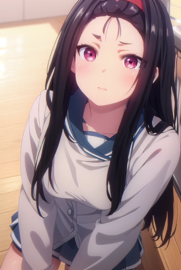 asakamayama, <lora:asaka mayama s1-lora-nochekaiser:1>,
asaka mayama, long hair, black hair, (red eyes:1.3), hairband, (forehead:1.5),
BREAK skirt, long sleeves, school uniform, pleated skirt, serafuku,
BREAK indoors, classroom,
BREAK looking at viewer, (cowboy shot:1.5),
BREAK <lyco:GoodHands-beta2:1>, (masterpiece:1.2), best quality, high resolution, unity 8k wallpaper, (illustration:0.8), (beautiful detailed eyes:1.6), extremely detailed face, perfect lighting, extremely detailed CG, (perfect hands, perfect anatomy),