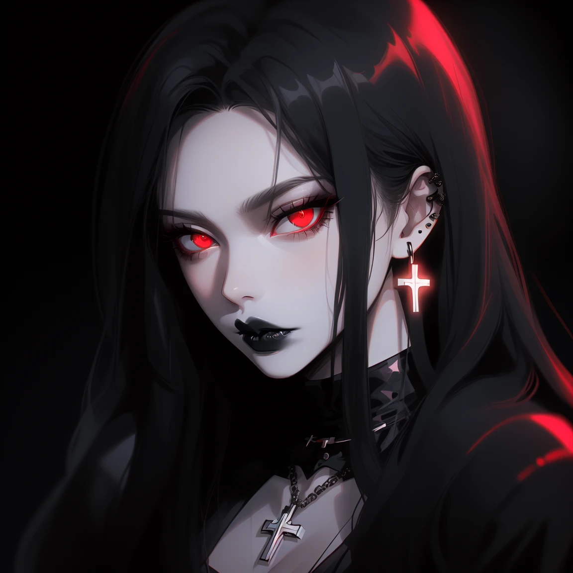Goth girl, Goth girl 1girl ,1girl, solo, long hair, pale skin, black hair, jewelry, closed mouth, black clothes, lips, black lips, red eyes, glowing eyes, piercing, portrait, , cross earrings, dark background, simple background, <lora:Goth_girl-v2S:0.8>.