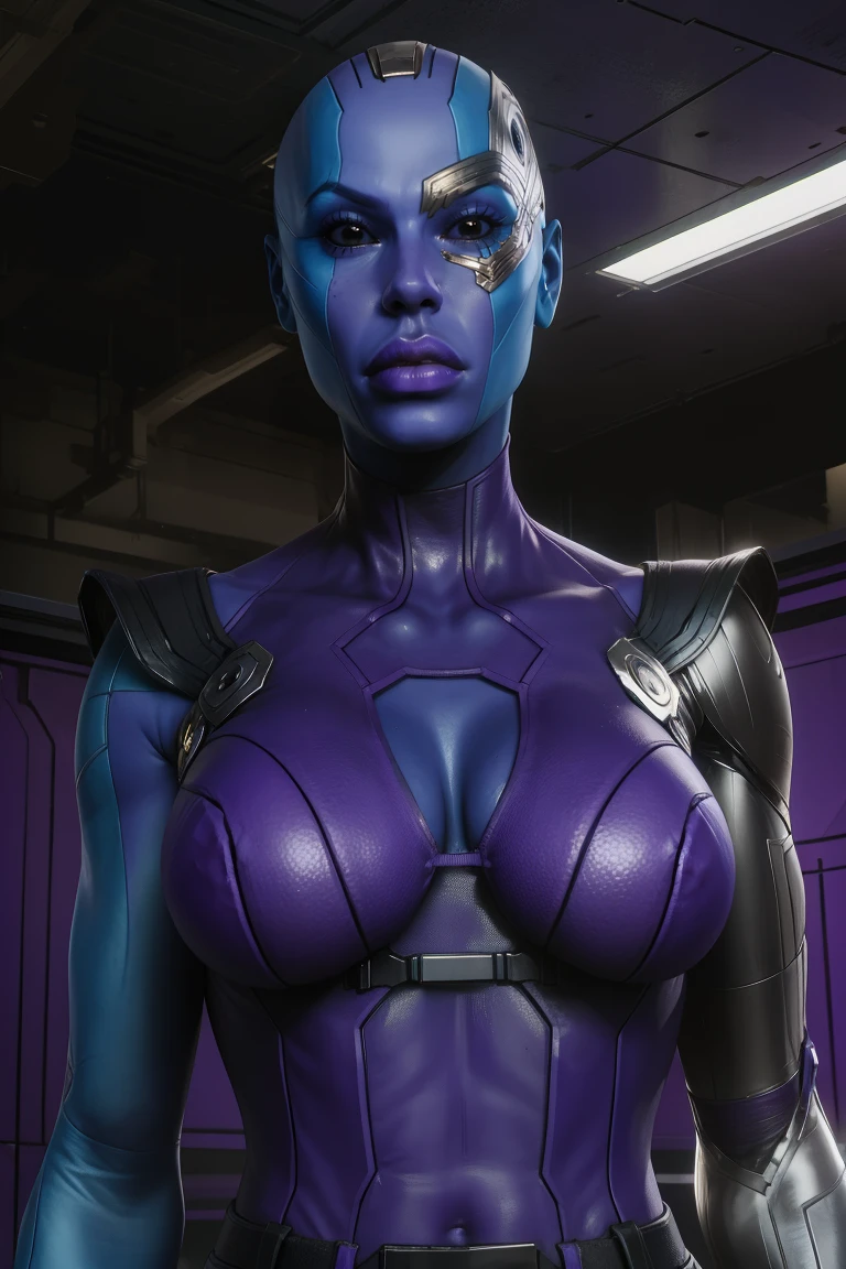 nebula,colored skin,left mechanical arm,black eyes,bald,cyborg,
purple bodysuit,sleeveless,serious,cleavage,
standing,upper body,from below,
science fiction,space statin,indoors,
(insanely detailed, beautiful detailed face, masterpiece, best quality),solo,<lora:nebula:0.8>,