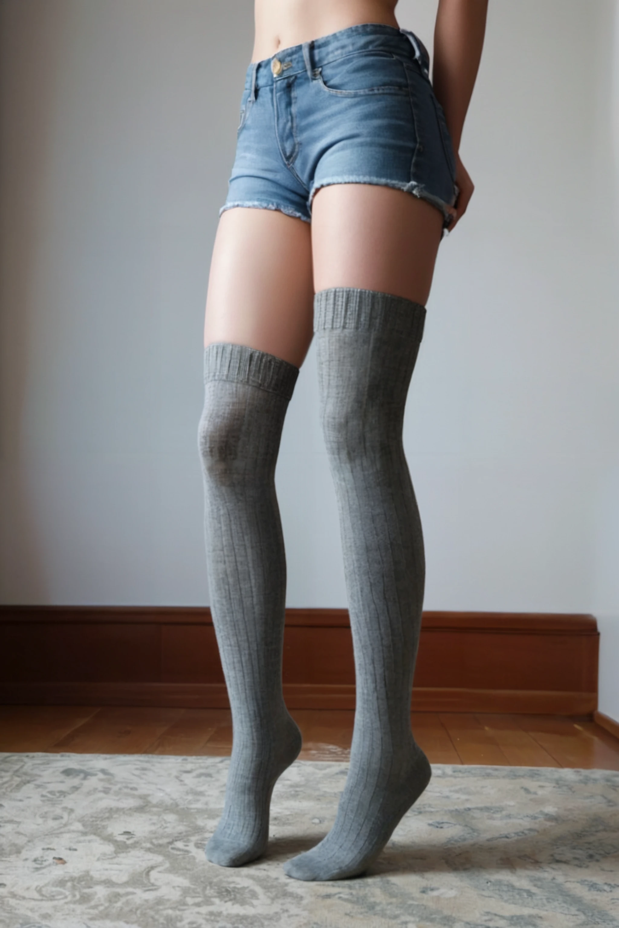 Hyperrealistic art long legs, one leg folded, wool stockings, standing on toes, round ass, from side, skinny, fit, shorts . Extremely high-resolution details, photographic, realism pushed to extreme, fine texture, incredibly lifelike<hypernet:slimModelsV1_slimmodelsV1:1>