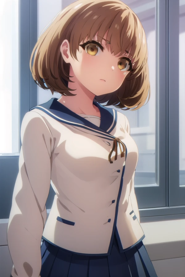 kimiekamata, <lora:kimie kamata s1-lora-nochekaiser:1>,
kimie kamata, short hair, brown hair, hair ornament, (brown eyes:1.5),
BREAK skirt, long sleeves, school uniform, pleated skirt, serafuku,
BREAK indoors, classroom,
BREAK looking at viewer, (cowboy shot:1.5),
BREAK <lyco:GoodHands-beta2:1>, (masterpiece:1.2), best quality, high resolution, unity 8k wallpaper, (illustration:0.8), (beautiful detailed eyes:1.6), extremely detailed face, perfect lighting, extremely detailed CG, (perfect hands, perfect anatomy),