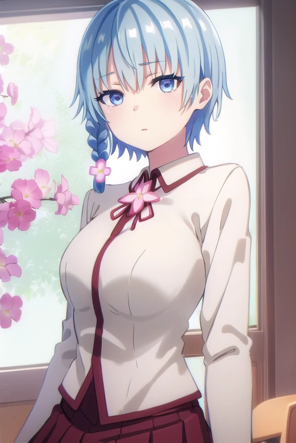 lunakusami, <lora:luna kusami s1-lora-nochekaiser:1>,
luna kusami, short hair, blue eyes, hair ornament, blue hair, flower, hair flower, braid, single braid,
BREAK skirt, long sleeves, school uniform, pleated skirt, serafuku,
BREAK indoors, classroom,
BREAK looking at viewer, (cowboy shot:1.5),
BREAK <lyco:GoodHands-beta2:1>, (masterpiece:1.2), best quality, high resolution, unity 8k wallpaper, (illustration:0.8), (beautiful detailed eyes:1.6), extremely detailed face, perfect lighting, extremely detailed CG, (perfect hands, perfect anatomy),