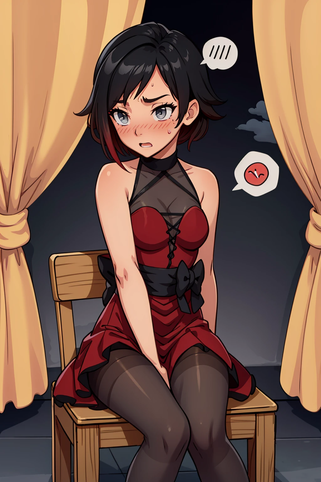 solo, <lora:RubyDance2-05:1>, ddirose, ruby rose, grey eyes, black hair, gradient hair, dress, pantyhose, high heels, bow, sitting, chair, ballroom, night, distant mountains, curtains, embarrassed, blushing, ((spoken flying sweatdrops))