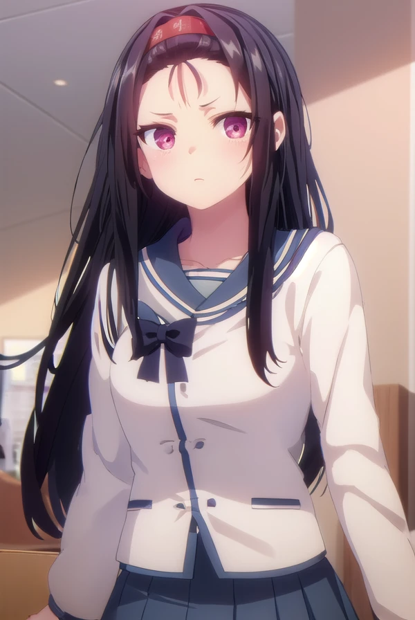 asakamayama, <lora:asaka mayama s1-lora-nochekaiser:1>,
asaka mayama, long hair, black hair, (red eyes:1.3), hairband, (forehead:1.5),
BREAK skirt, long sleeves, school uniform, pleated skirt, serafuku,
BREAK indoors, classroom,
BREAK looking at viewer, (cowboy shot:1.5),
BREAK <lyco:GoodHands-beta2:1>, (masterpiece:1.2), best quality, high resolution, unity 8k wallpaper, (illustration:0.8), (beautiful detailed eyes:1.6), extremely detailed face, perfect lighting, extremely detailed CG, (perfect hands, perfect anatomy),