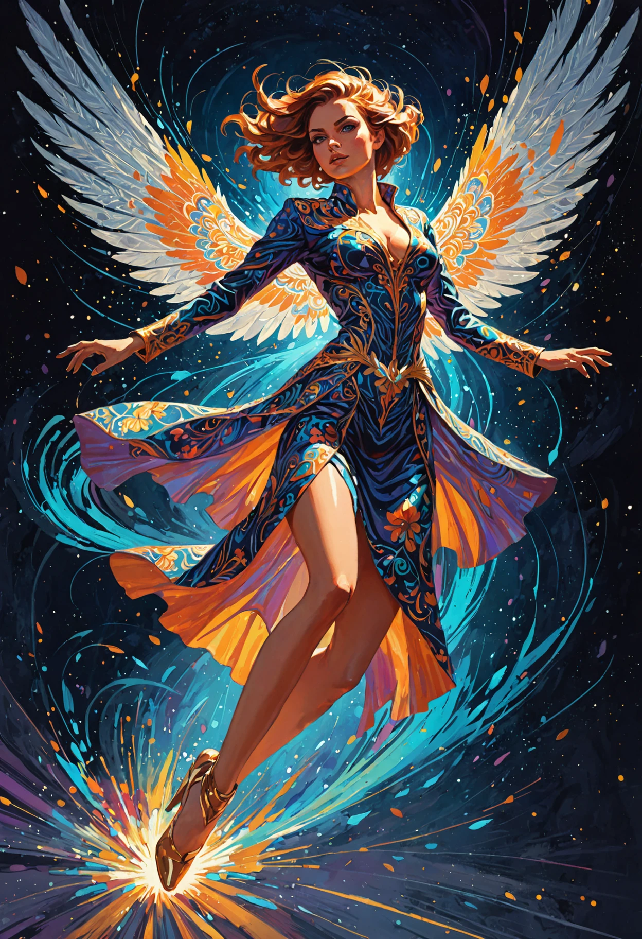 Speed painting, concept art, a female artist flying with the speed of light, leaving spectral floral patterns in her trail, muse of the arts, dynamic, sci-fi, retro, splashes of paint, elegant haute couture uniform reminiscent of super hero, vibrant colors, rich emotive colors, projecting energy, masterpiece, 8k, UHD, HDR, in the style of (Greg Rutkowski AND Phil Noto), impressionistic realism, ((very sharp intricate details):1.25)