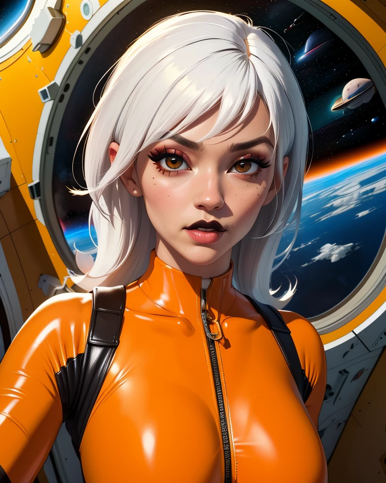 Drew,white hair,make up,black eyes,black upper lip,standing,upper body,
orange bodysuit,yellow belt,orange elbow gloves,
space station,
(insanely detailed, beautiful detailed face, masterpiece, beautiful detailed eyes, best quality),<lora:DrewSaturday-10SSv8:0.8>,