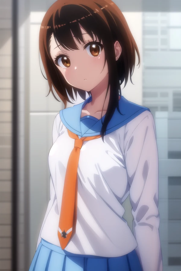 kosakionodera, <lora:kosaki onodera s2-lora-nochekaiser:1>,
kosaki onodera, short hair, bangs, brown hair, (brown eyes:1.3), short hair with long locks, asymmetrical hair,
BREAK skirt, shirt, thighhighs, school uniform, collarbone, white shirt, pleated skirt, necktie, serafuku, sailor collar, blue skirt, blue sailor collar, (orange necktie:1.2),
BREAK indoors, classroom,
BREAK looking at viewer, (cowboy shot:1.5),
BREAK <lyco:GoodHands-beta2:1>, (masterpiece:1.2), best quality, high resolution, unity 8k wallpaper, (illustration:0.8), (beautiful detailed eyes:1.6), extremely detailed face, perfect lighting, extremely detailed CG, (perfect hands, perfect anatomy),