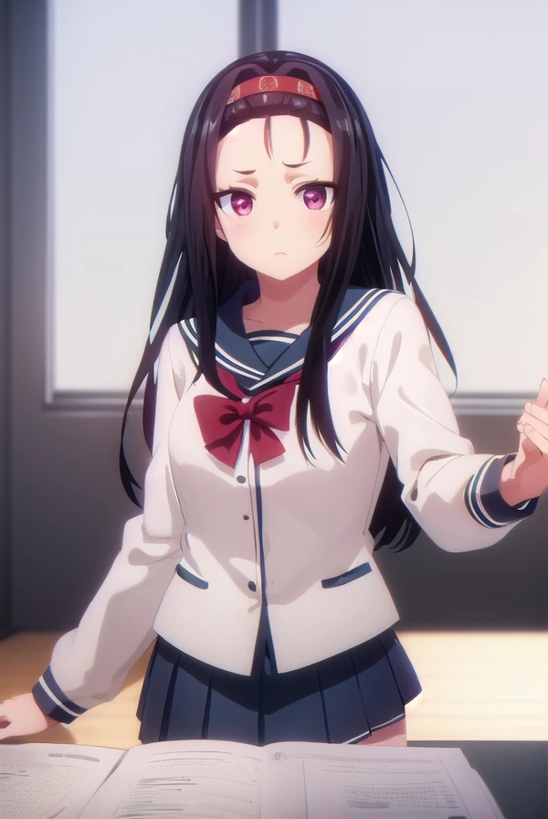 asakamayama, <lora:asaka mayama s1-lora-nochekaiser:1>,
asaka mayama, long hair, black hair, (red eyes:1.3), hairband, (forehead:1.5),
BREAK skirt, long sleeves, school uniform, pleated skirt, serafuku,
BREAK indoors, classroom,
BREAK looking at viewer, (cowboy shot:1.5),
BREAK <lyco:GoodHands-beta2:1>, (masterpiece:1.2), best quality, high resolution, unity 8k wallpaper, (illustration:0.8), (beautiful detailed eyes:1.6), extremely detailed face, perfect lighting, extremely detailed CG, (perfect hands, perfect anatomy),