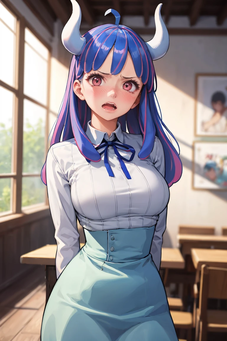 masterpiece, best quality, absurdres, UltiOP, long hair, collared shirt, neck ribbon, blue skirt, arms behind back, blush, embarassed, open mouth, <lora:UltiOP:1>