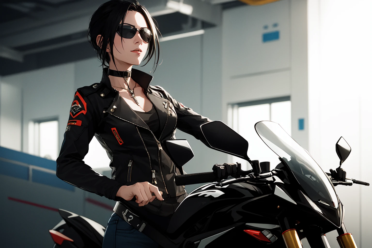 (RAW photo, best quality), 1girl, natural lighting <lora:srw_viletta_vadim_v1_2:1> viletta vadim, solo,
sunglasses, leather jacket, choker, on motorcycle