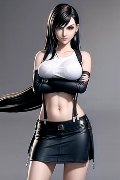 (masterpiece:1.2), best quality, masterpiece, highres, original, extremely detailed wallpaper, perfect lighting,(extremely detailed CG:1.2), drawing, paintbrush, 1girl, 3d, bare shoulders, black hair, black skirt, breasts, brown eyes, crop top, crossed arms, earrings, elbow gloves, elbow pads, fingerless gloves, gloves, grey background, jewelry, large breasts, long hair, midriff, navel, photo \(medium\), skirt, solo, suspender skirt, suspenders, tank top, taut clothes, taut shirt, tifa lockhart, <lora:tifa:0.6>