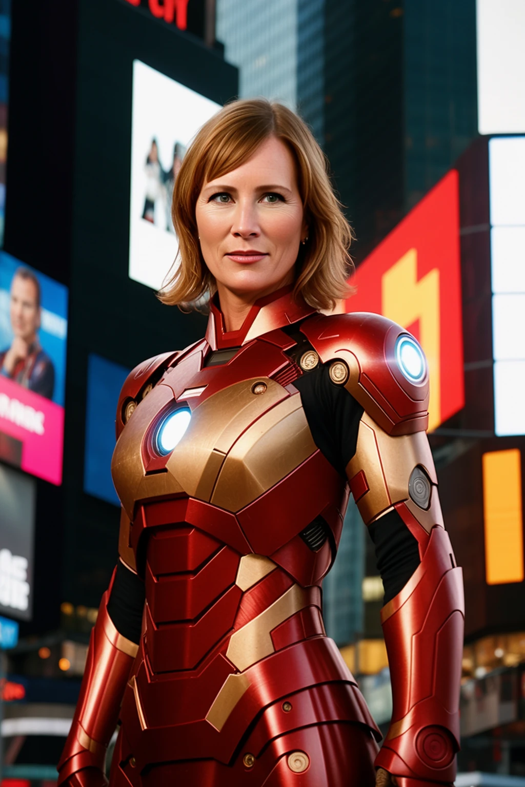 a RAW photo, portrait of cheyanne, wrinkles, iron man suit, times square, epic, heroic, intricate details, masterpiece, 8k, highly detailed <lora:Cheyanne:1>