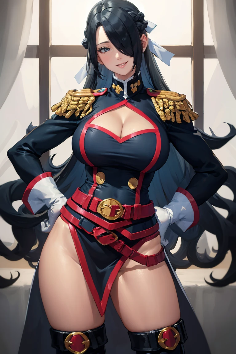 masterpiece, best quality, absurdres, AzumaFubuki, long hair, hair over one eye, hair ribbon, military uniform, cleavage cutout, epaulettes, white gloves, pelvic curtain, thigh boots, hands on hips, indoors, smile, <lora:CHAR-AzumaFubuki:1>