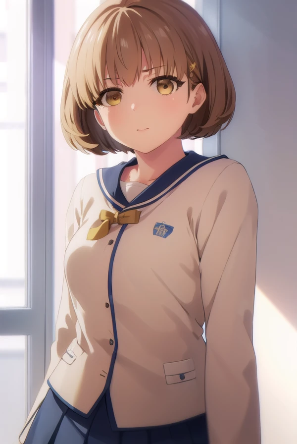 kimiekamata, <lora:kimie kamata s1-lora-nochekaiser:1>,
kimie kamata, short hair, brown hair, hair ornament, (brown eyes:1.5),
BREAK skirt, long sleeves, school uniform, pleated skirt, serafuku,
BREAK indoors, classroom,
BREAK looking at viewer, (cowboy shot:1.5),
BREAK <lyco:GoodHands-beta2:1>, (masterpiece:1.2), best quality, high resolution, unity 8k wallpaper, (illustration:0.8), (beautiful detailed eyes:1.6), extremely detailed face, perfect lighting, extremely detailed CG, (perfect hands, perfect anatomy),