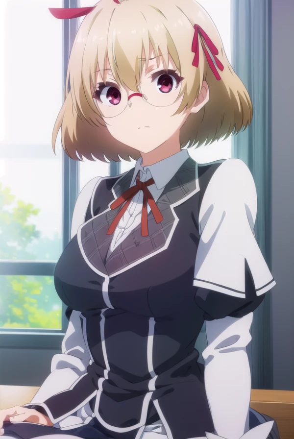 kagamikusakabe, <lora:kagami kusakabe s1-lora-nochekaiser:1>,
kagami kusakabe, short hair, blonde hair, (red eyes:1.3), ribbon, hair ribbon, ahoge, glasses,
BREAK skirt, long sleeves, school uniform, juliet sleeves,
BREAK indoors, classroom,
BREAK looking at viewer, (cowboy shot:1.5),
BREAK <lyco:GoodHands-beta2:1>, (masterpiece:1.2), best quality, high resolution, unity 8k wallpaper, (illustration:0.8), (beautiful detailed eyes:1.6), extremely detailed face, perfect lighting, extremely detailed CG, (perfect hands, perfect anatomy),