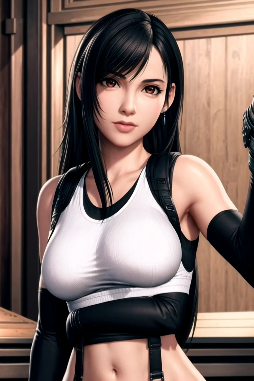 (masterpiece:1.2), best quality, masterpiece, highres, original, extremely detailed wallpaper, perfect lighting,(extremely detailed CG:1.2), drawing, paintbrush, 1girl, black hair, breasts, brown eyes, earrings, elbow gloves, gloves, jewelry, lips, long hair, looking at viewer, realistic, shirt, solo, suspenders, tank top, taut shirt, tifa lockhart, upper body,<lora:tifa:0.6>