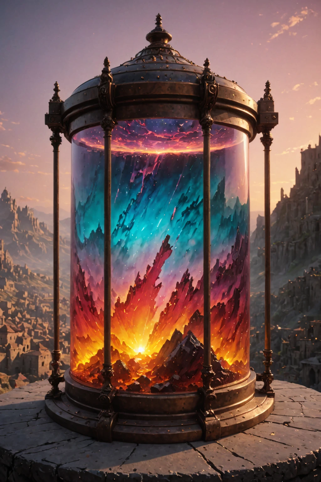 ultra realistic 8k cg, flawless, clean, masterpiece, professional artwork, famous artwork, cinematic lighting, cinematic bloom, (dreamscape background), a  large sunset color glass medieval  container with a alchemy table inside,  <lora:Contained_Color_SDXL:1>