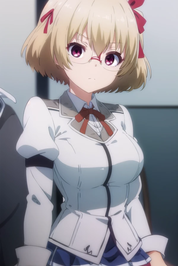 kagamikusakabe, <lora:kagami kusakabe s1-lora-nochekaiser:1>,
kagami kusakabe, short hair, blonde hair, (red eyes:1.3), ribbon, hair ribbon, ahoge, glasses,
BREAK skirt, long sleeves, school uniform, juliet sleeves,
BREAK indoors, classroom,
BREAK looking at viewer, (cowboy shot:1.5),
BREAK <lyco:GoodHands-beta2:1>, (masterpiece:1.2), best quality, high resolution, unity 8k wallpaper, (illustration:0.8), (beautiful detailed eyes:1.6), extremely detailed face, perfect lighting, extremely detailed CG, (perfect hands, perfect anatomy),
