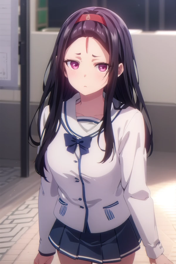 asakamayama, <lora:asaka mayama s1-lora-nochekaiser:1>,
asaka mayama, long hair, black hair, (red eyes:1.3), hairband, (forehead:1.5),
BREAK skirt, long sleeves, school uniform, pleated skirt, serafuku,
BREAK indoors, classroom,
BREAK looking at viewer, (cowboy shot:1.5),
BREAK <lyco:GoodHands-beta2:1>, (masterpiece:1.2), best quality, high resolution, unity 8k wallpaper, (illustration:0.8), (beautiful detailed eyes:1.6), extremely detailed face, perfect lighting, extremely detailed CG, (perfect hands, perfect anatomy),