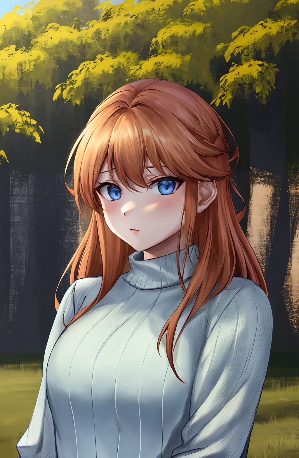 @1509Virgoart,VirgoArt \(Artist\),virgoart1509 \(Artist\),@virgoart512,virgoart512 \(Artist\),1509Virgoart \(Artist\),masterpiece, best quality, highres, solo, 1girl, upper body, blue eyes, ribbed sweater, outdoors, forest, <lora:virgoart1509:0.95>