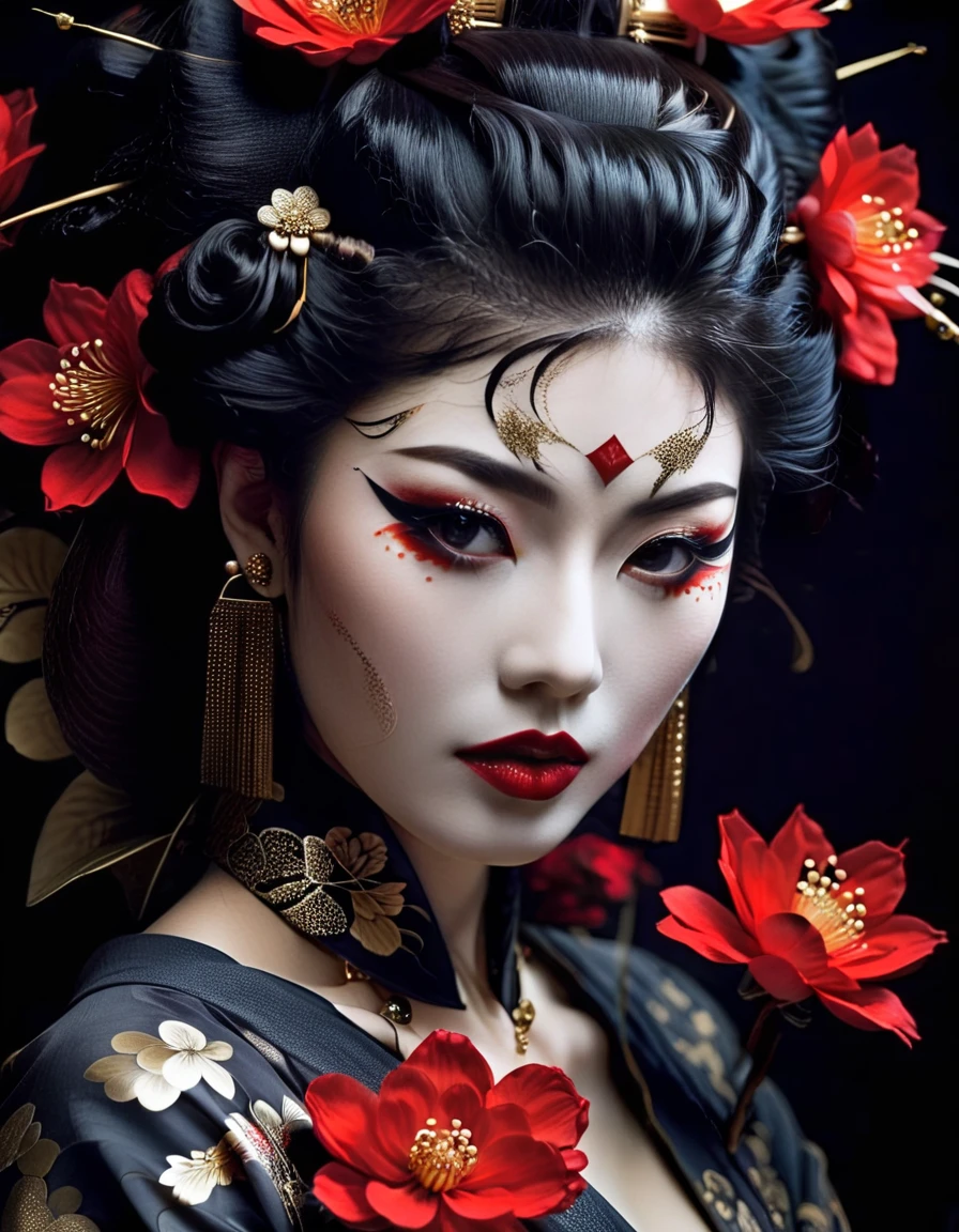 cinematic photo portrait, upper body, lipstick, black eyes, eyeshadow, black background, fflix-geisha, hair ornament, black hair, red lips, 1girl, hair flower, makeup, eyeliner, earrings, red flower, jewelry, looking at viewer, highly detailed, sharp focus, elegant, intricate, rich deep vivid color, cinematic, modern fine 
<lora:GeishaXL:1>, , <lora:FILM_PHOTOGRAPHY_STYLE:0.25> . 35mm photograph, film, bokeh, professional, 4k, highly detailed