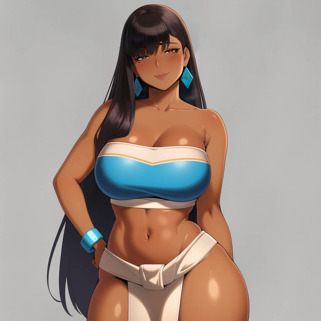 (masterpiece, best quality:1.3), Slush, 1girl, solo, looking at viewer, blushing, wide hips, mature female, (closed mouth:1.2), seductive smile, large breasts, full body, cowboy shot, thick thighs, <lora:Slush Style Lora:.85>, bangs, black hair, loincloth, tube top, bracelet, earrings, brown eyes, midriff, dark skinned female, collarbone, cleavage, <lora:chel_eldorado:.8>