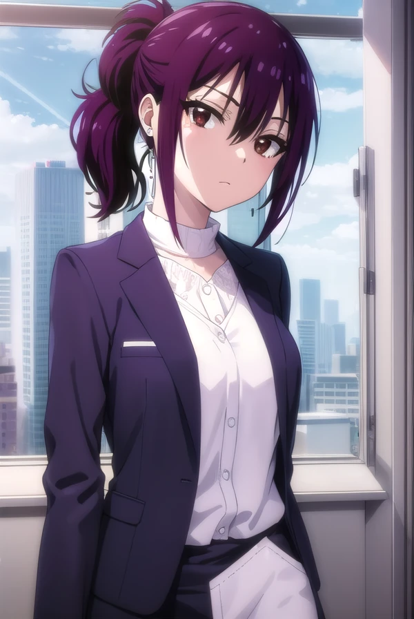 hanakirisaki, <lora:hana kirisaki s2-lora-nochekaiser:1>,
hana kirisaki, purple hair, (brown eyes:1.3), ponytail, short hair, hair between eyes,
BREAK formal, suit, office lady, fur trim, earrings,
BREAK outdoors,
BREAK looking at viewer, (cowboy shot:1.5),
BREAK <lyco:GoodHands-beta2:1>, (masterpiece:1.2), best quality, high resolution, unity 8k wallpaper, (illustration:0.8), (beautiful detailed eyes:1.6), extremely detailed face, perfect lighting, extremely detailed CG, (perfect hands, perfect anatomy),