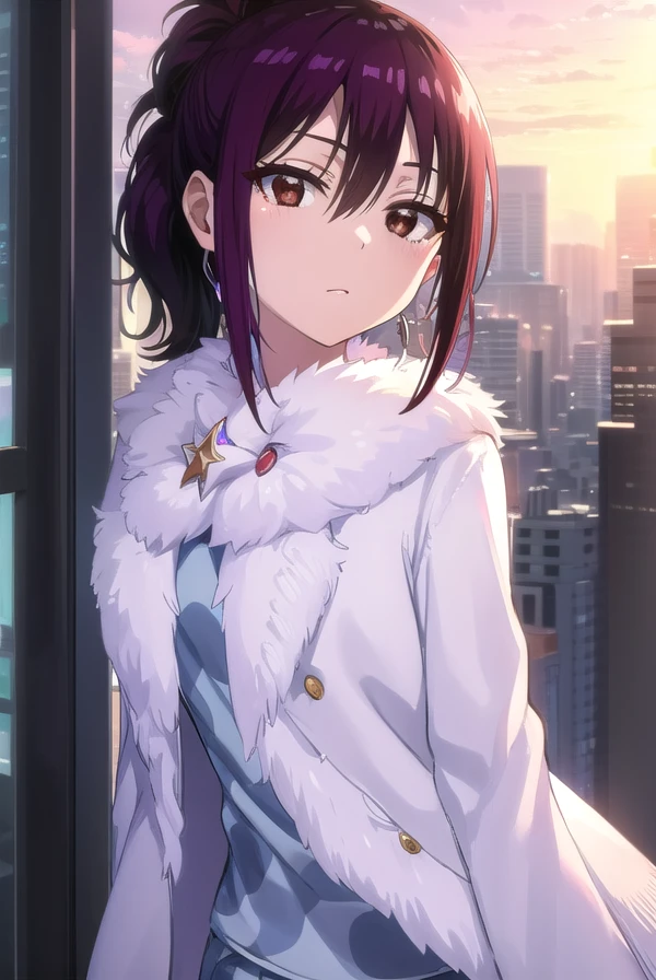 hanakirisaki, <lora:hana kirisaki s2-lora-nochekaiser:1>,
hana kirisaki, purple hair, (brown eyes:1.3), ponytail, short hair, hair between eyes,
BREAK formal, suit, office lady, fur trim, earrings,
BREAK outdoors,
BREAK looking at viewer, (cowboy shot:1.5),
BREAK <lyco:GoodHands-beta2:1>, (masterpiece:1.2), best quality, high resolution, unity 8k wallpaper, (illustration:0.8), (beautiful detailed eyes:1.6), extremely detailed face, perfect lighting, extremely detailed CG, (perfect hands, perfect anatomy),