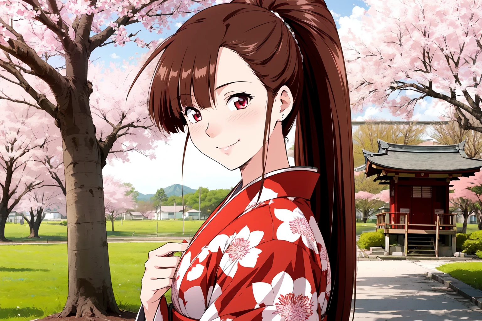 (RAW photo, best quality), 1girl,  natural lighting, smile, outdoor,
 <lora:innai_kansen_iwasaki_rumi_v2_2:1>, iwasaki rumi,
spring, cherry blossoms, shrine, beautiful kimono,