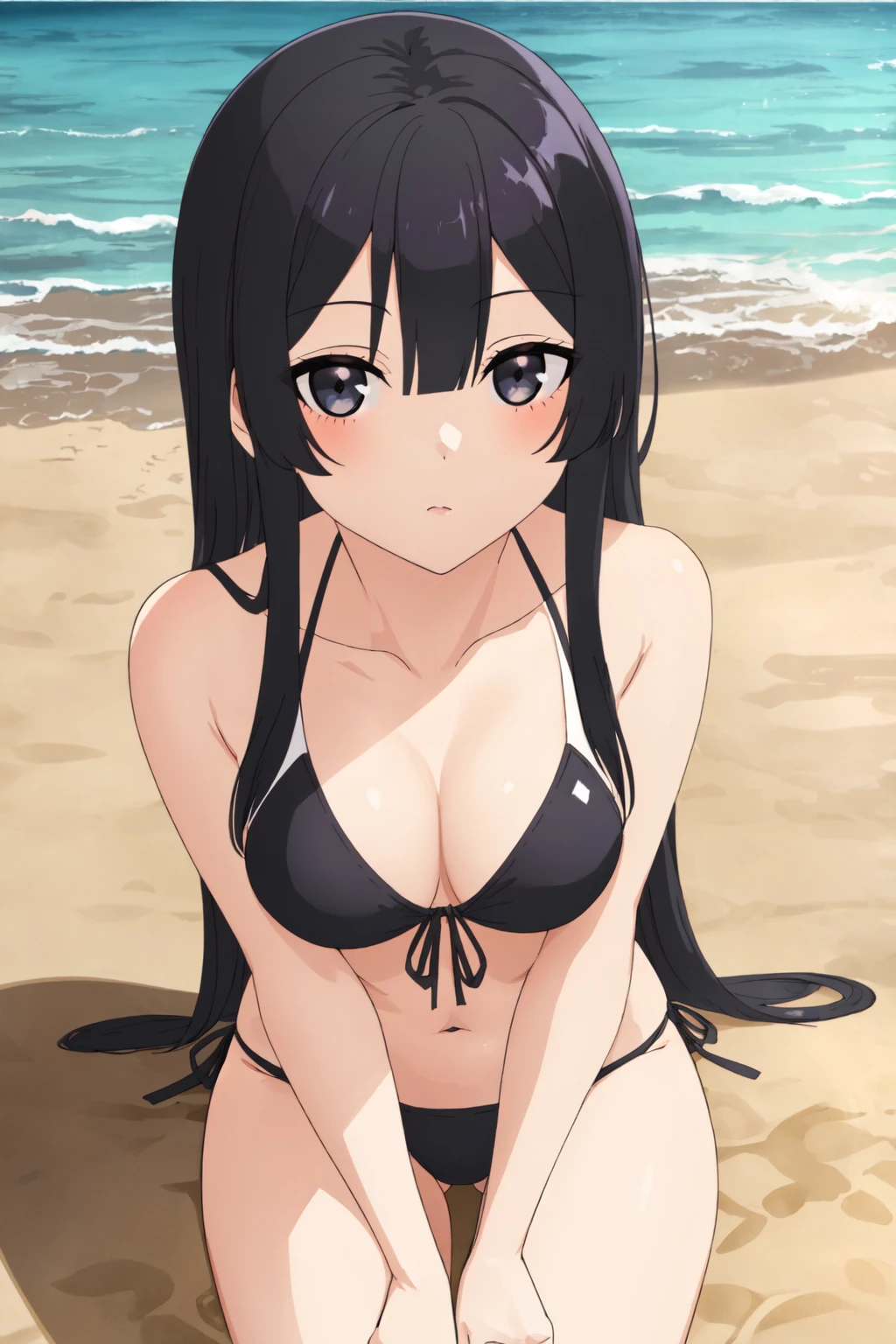 eumi, 1girl, solo, long hair, blunt bangs,bangs, black hair, black eyes, looking at viewer, outdoors,  swimsuit, beach 