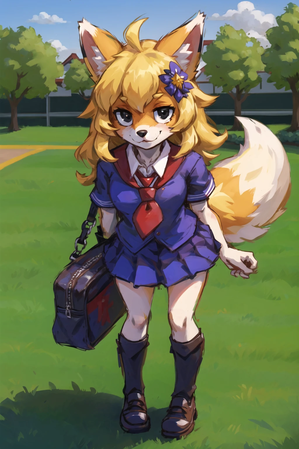 masterpiece, best quality, looking at viewer,black eyes,play ground
furry fox girl,blonde,school uniform, hair ornament