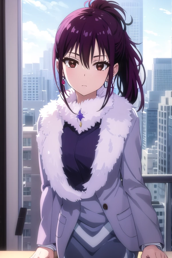 hanakirisaki, <lora:hana kirisaki s2-lora-nochekaiser:1>,
hana kirisaki, purple hair, (brown eyes:1.3), ponytail, short hair, hair between eyes,
BREAK formal, suit, office lady, fur trim, earrings,
BREAK outdoors,
BREAK looking at viewer, (cowboy shot:1.5),
BREAK <lyco:GoodHands-beta2:1>, (masterpiece:1.2), best quality, high resolution, unity 8k wallpaper, (illustration:0.8), (beautiful detailed eyes:1.6), extremely detailed face, perfect lighting, extremely detailed CG, (perfect hands, perfect anatomy),