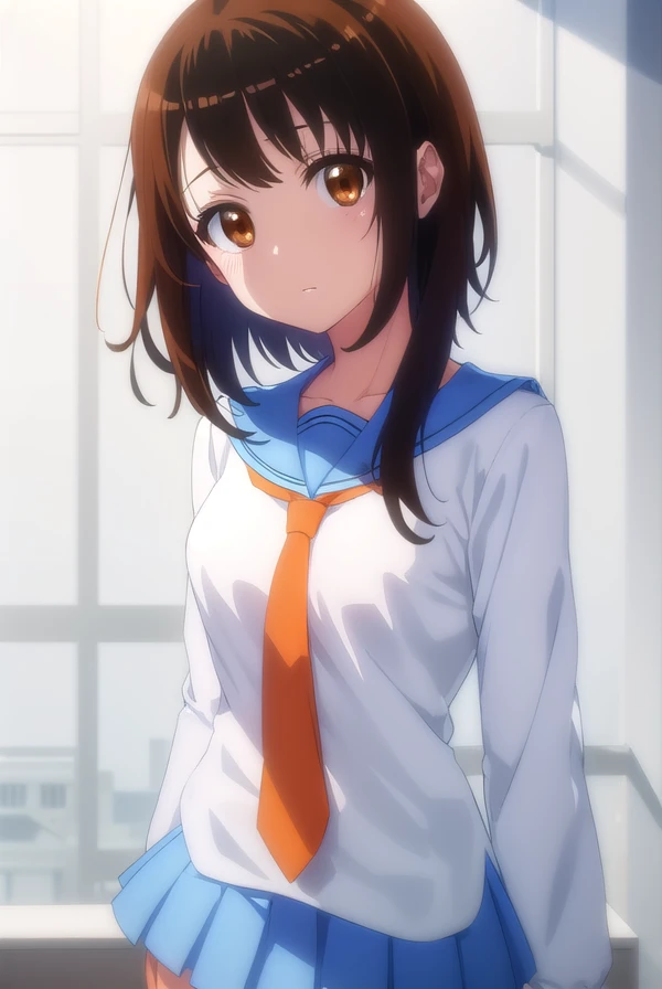 kosakionodera, <lora:kosaki onodera s2-lora-nochekaiser:1>,
kosaki onodera, short hair, bangs, brown hair, (brown eyes:1.3), short hair with long locks, asymmetrical hair,
BREAK skirt, shirt, thighhighs, school uniform, collarbone, white shirt, pleated skirt, necktie, serafuku, sailor collar, blue skirt, blue sailor collar, (orange necktie:1.2),
BREAK indoors, classroom,
BREAK looking at viewer, (cowboy shot:1.5),
BREAK <lyco:GoodHands-beta2:1>, (masterpiece:1.2), best quality, high resolution, unity 8k wallpaper, (illustration:0.8), (beautiful detailed eyes:1.6), extremely detailed face, perfect lighting, extremely detailed CG, (perfect hands, perfect anatomy),