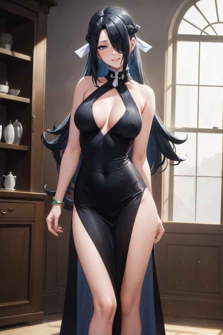 masterpiece, best quality, absurdres, AzumaFubuki, long hair, hair over one eye, hair ribbon, elegant, long dress, black dress, halterneck, smile, indoors, palace, jewelry, standing, <lora:CHAR-AzumaFubuki:1>