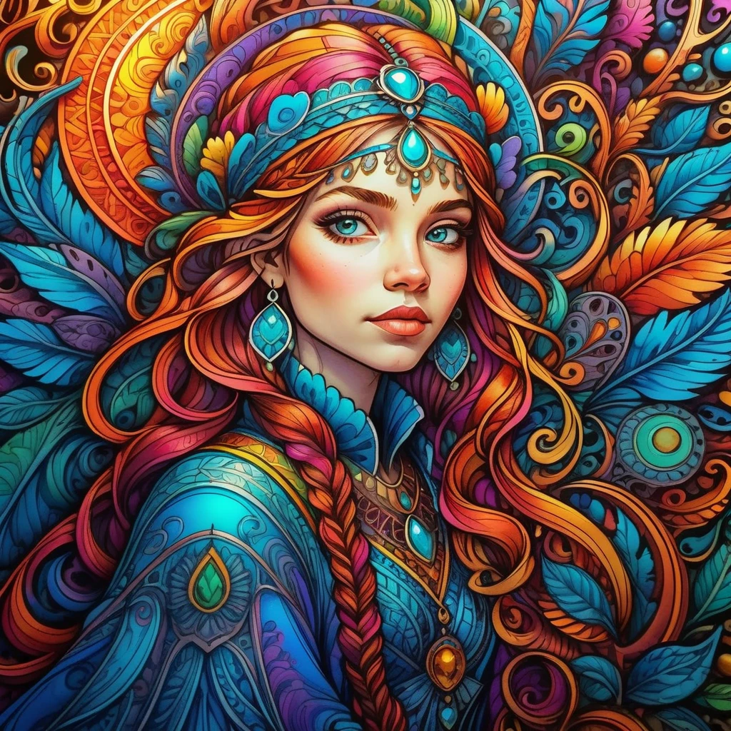 close shot bohemian princess, character portrait, backlit, vivid colors, vibrant colors, intricate details, intricate line drawing, masterpiece <lora:zenodoXL:.6>