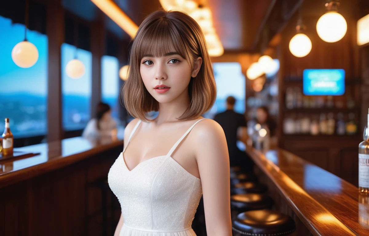 a photo of IO person, woman, solo, alone, 1girl,
a beautiful 25 years old beautiful girl, perfect body,8K skin,kawaii,
(masterpiece:1.2),(realistic, photo-realistic:1.56),sharp,
extremely detailed,depth of field,physically-based rendering,high detail,real-world lighting, (high detailed skin), (Spiral brown hair long:1.15),(ultra-detailed_blunt bangs shiny gradient) ,
wearing a white dress, ((in a bar)), looking at camera, (FULL-BODY shot),