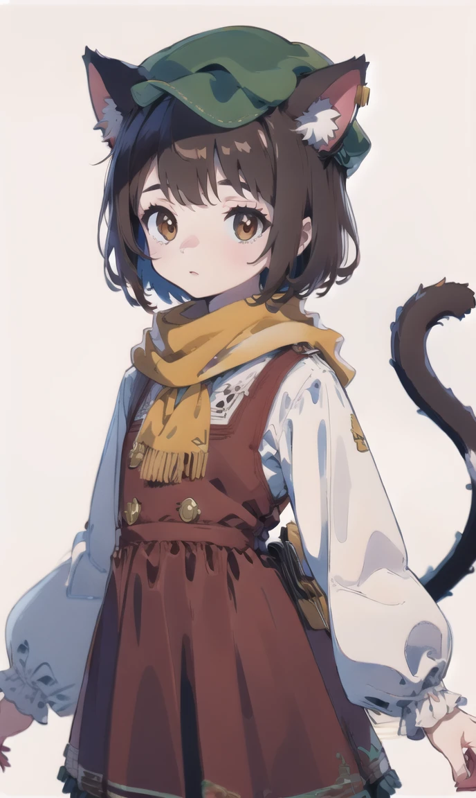 finely detail, Depth of field,best quality, illustration,highres,intricate detail, an extremely delicate and beautiful,hand up, 
1girl,solo, <lora:chen mao-0004:1>
chen, short hair, brown hair, animal ears, brown eyes, yellow scarf, cat ears, cat tail,flat cap,red dress,white sleeves, long sleeves,