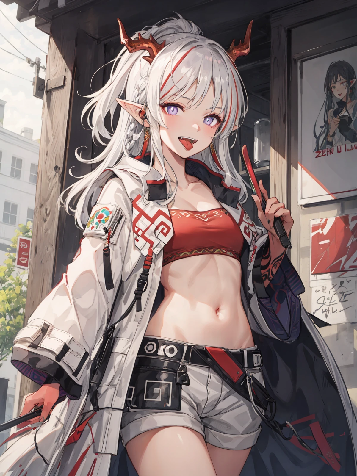 (extremely detailed CG, best quality:1.1), 1girl, perfect face, bright pupils, (finely detailed beautiful eyes:1.1), shiny skin, lustrous skin, wide hips, narrow waist, long hair, ponytail, multicolored hair, streaked hair, horns, pointy ears, purple eyes, tube top, white shorts, coat, white jacket, red skin, red hands, tail, :d, tongue out,  <lora:Nian:0.7>